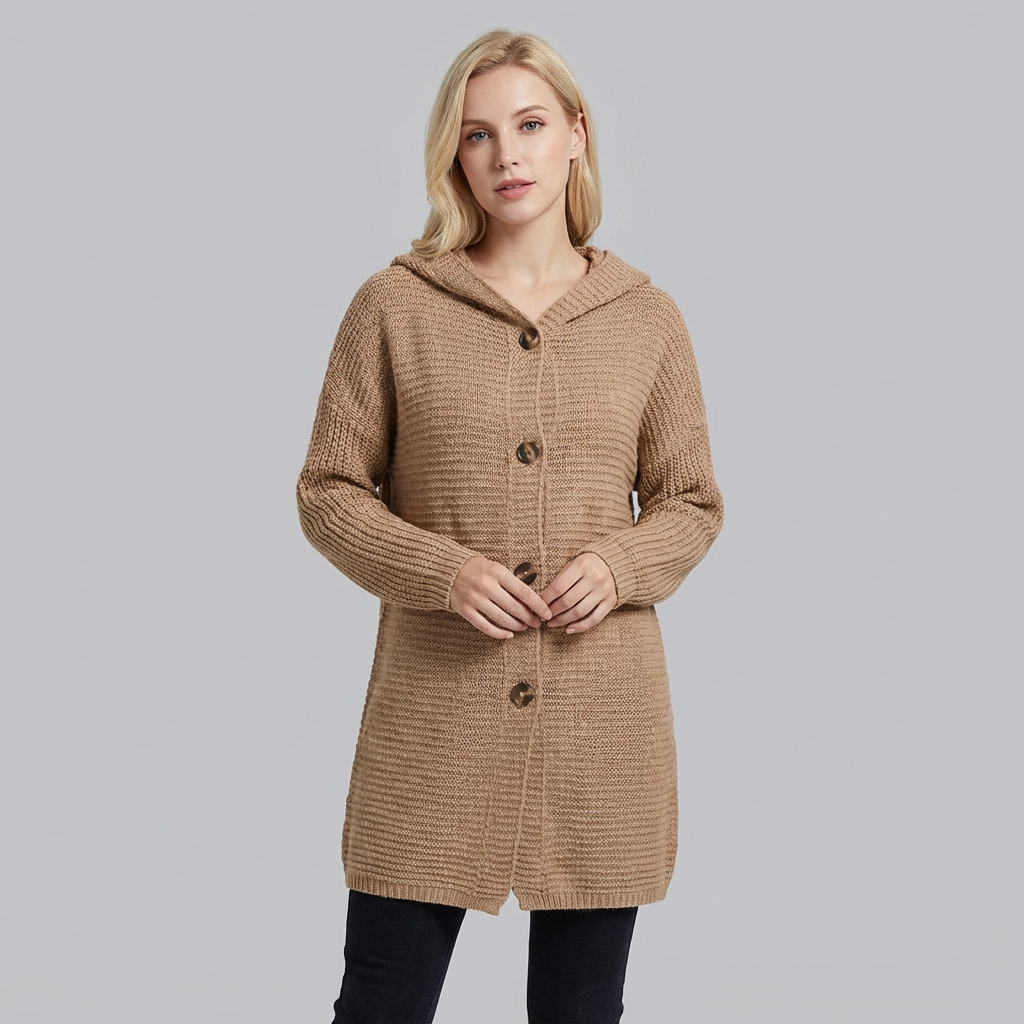 Cárdigan largo de punto con capucha y botones en la parte delantera para mujer
