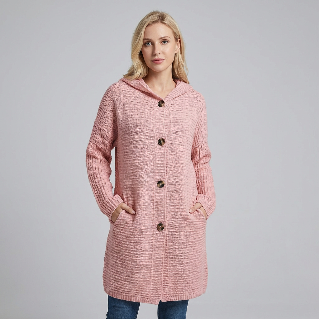 Cárdigan largo de punto con capucha y botones en la parte delantera para mujer