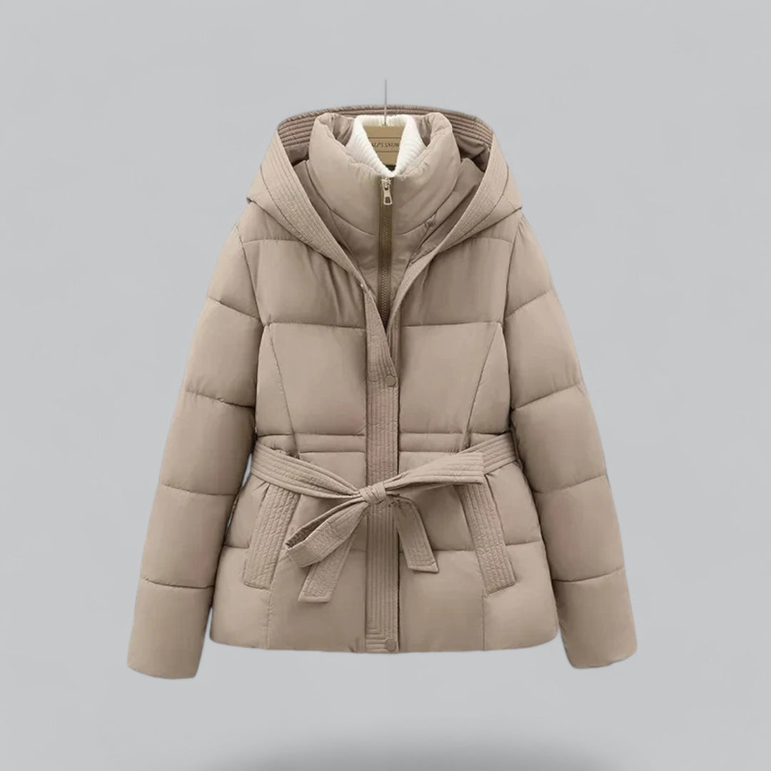 Chaqueta acolchada con capucha y cinturón para mujer con acolchado cálido