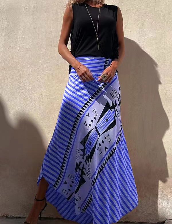 Falda larga de cintura alta con estampado tribal para mujer y dobladillo fluido