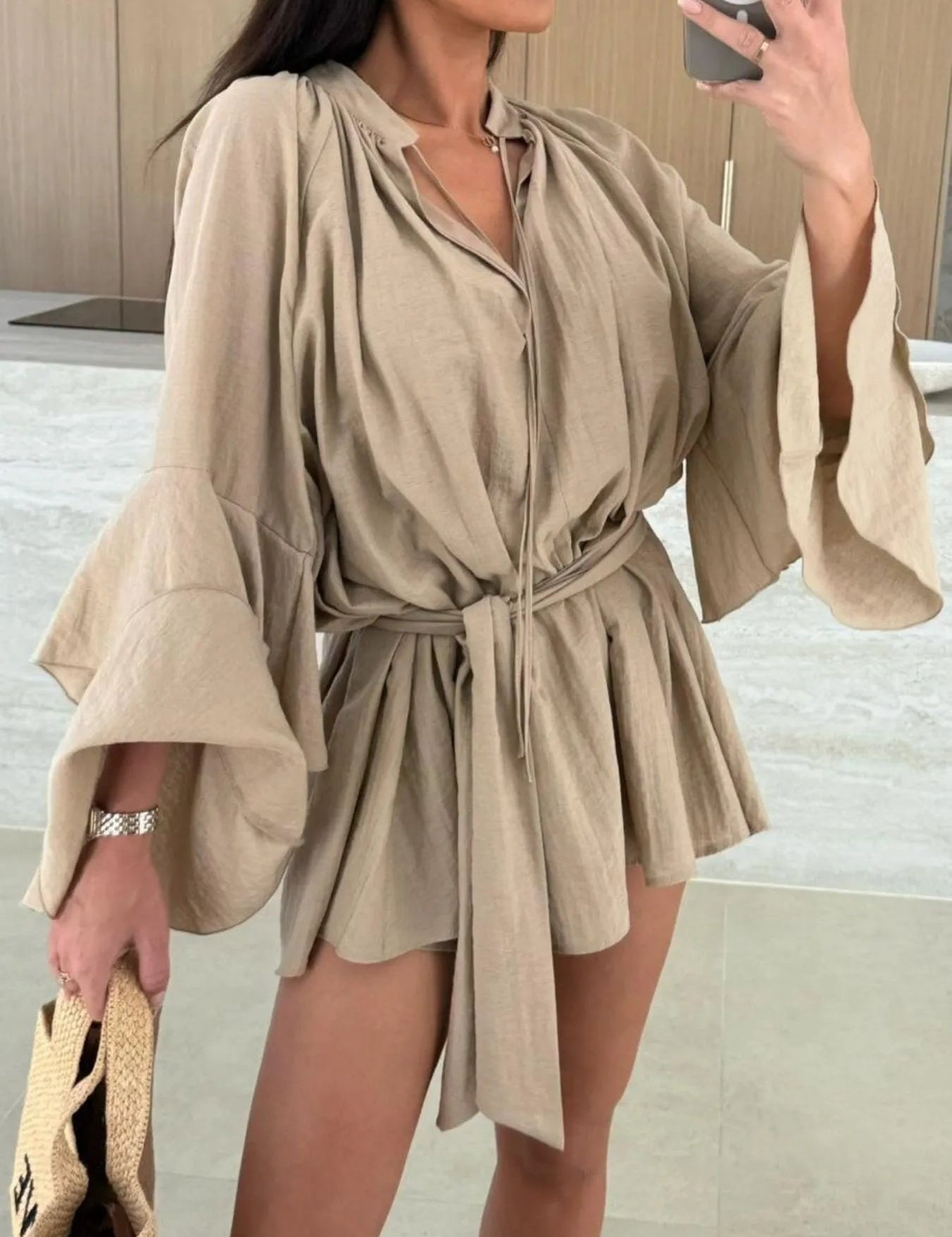 Women's V-Neck Mini Dress with Tiered Sleeves and Waist Tie Detail