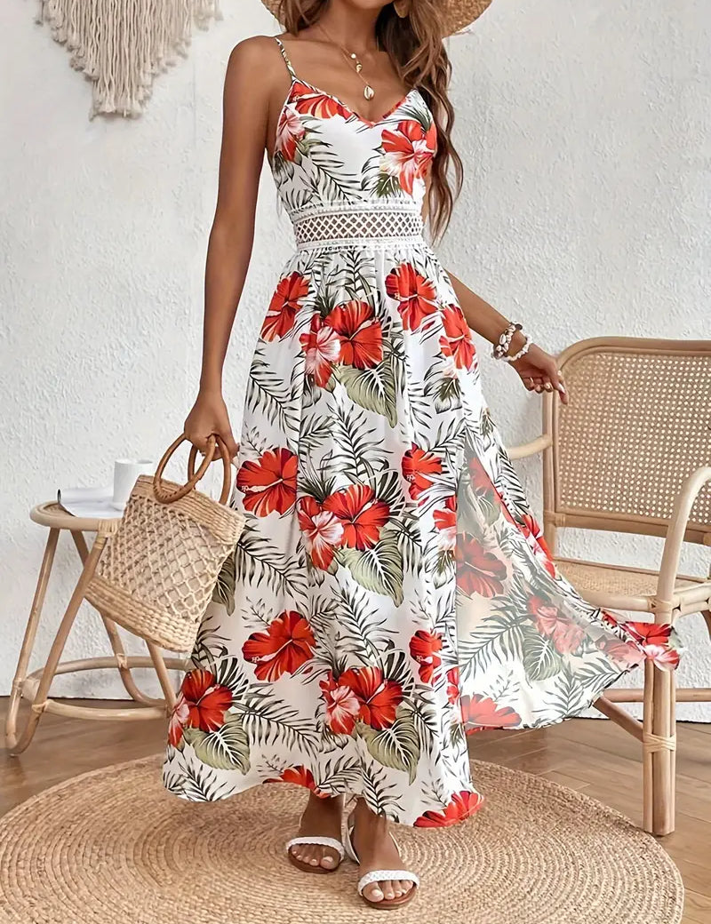 Vestido largo con tirantes finos para mujer con estampado tropical y detalle en la cintura