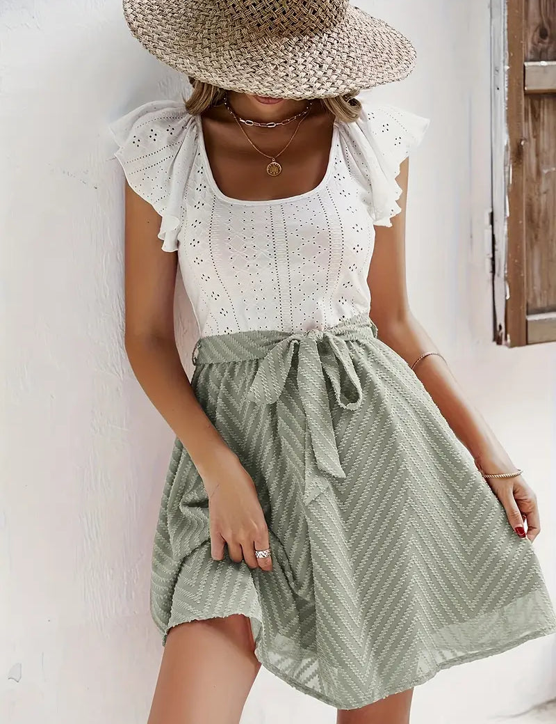 Women's Two-Tone Mini Dress with Eyelet Top and Waist Tie Skirt