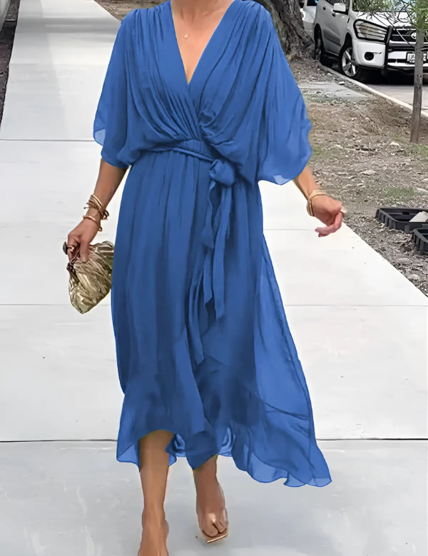 Vestido midi ligero con cuello en V y mangas drapeadas para mujer