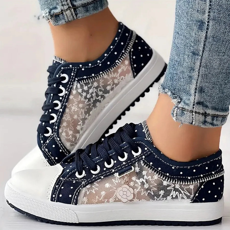 Zapatillas casuales para mujer con malla de encaje y diseño de lunares