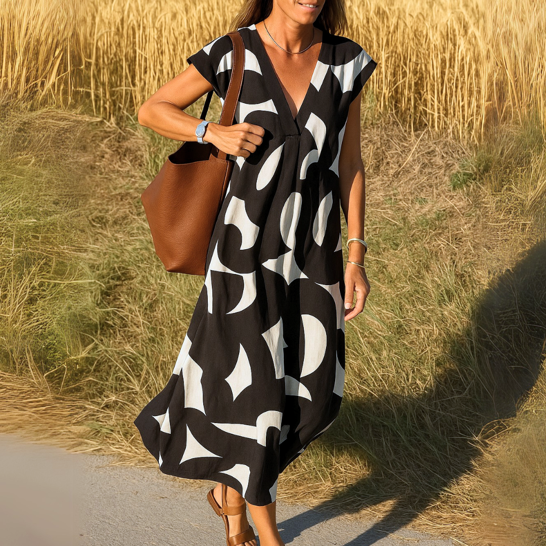 Vestido largo de mujer con escote en V, estampado abstracto y mangas cortas