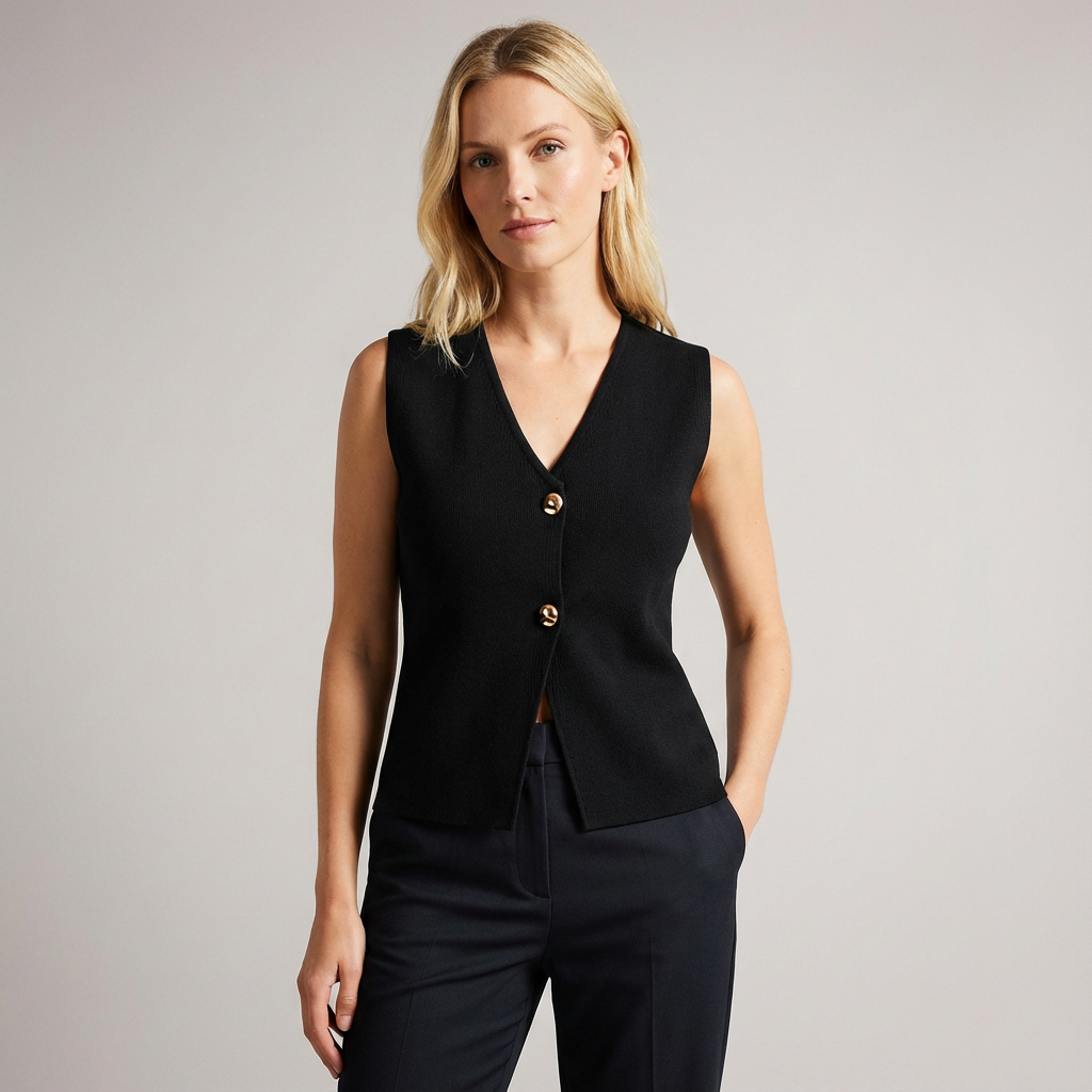 Chaleco de punto con botones al frente y diseño sin mangas para mujer