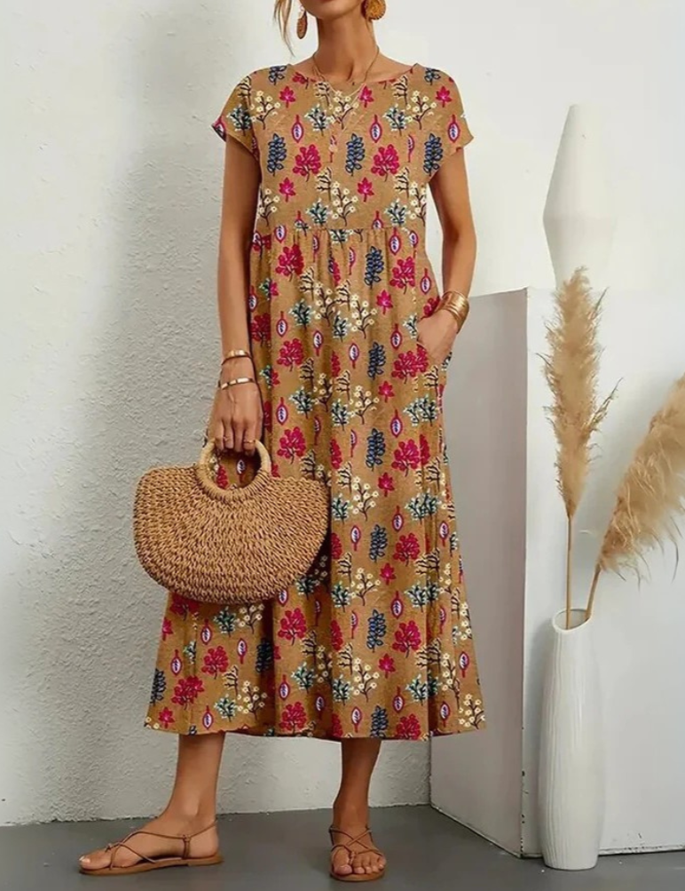 Vestido largo bohemio floral para mujer con mangas cortas y bolsillos laterales