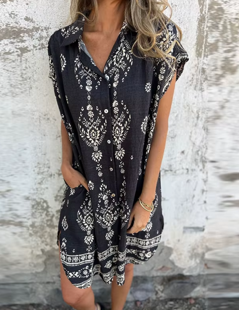 Vestido midi vintage floral con botones, cuello y bolsillos laterales para mujer