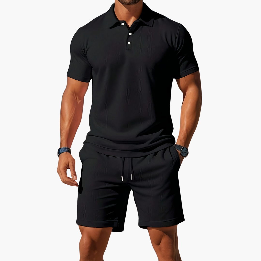 Conjunto de polo y pantalón corto de manga corta para hombre con cintura con cordón