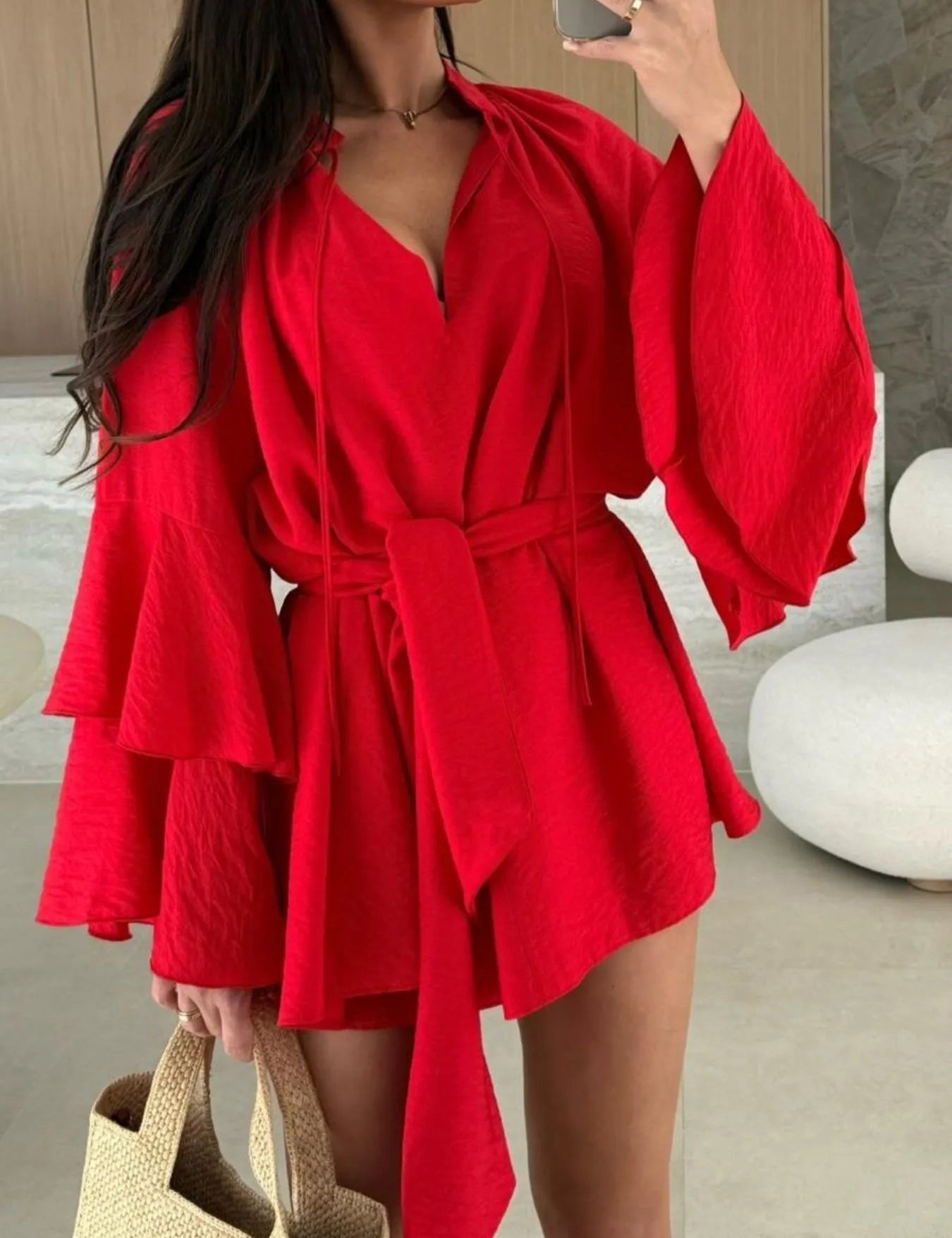 Women's V-Neck Mini Dress with Tiered Sleeves and Waist Tie Detail