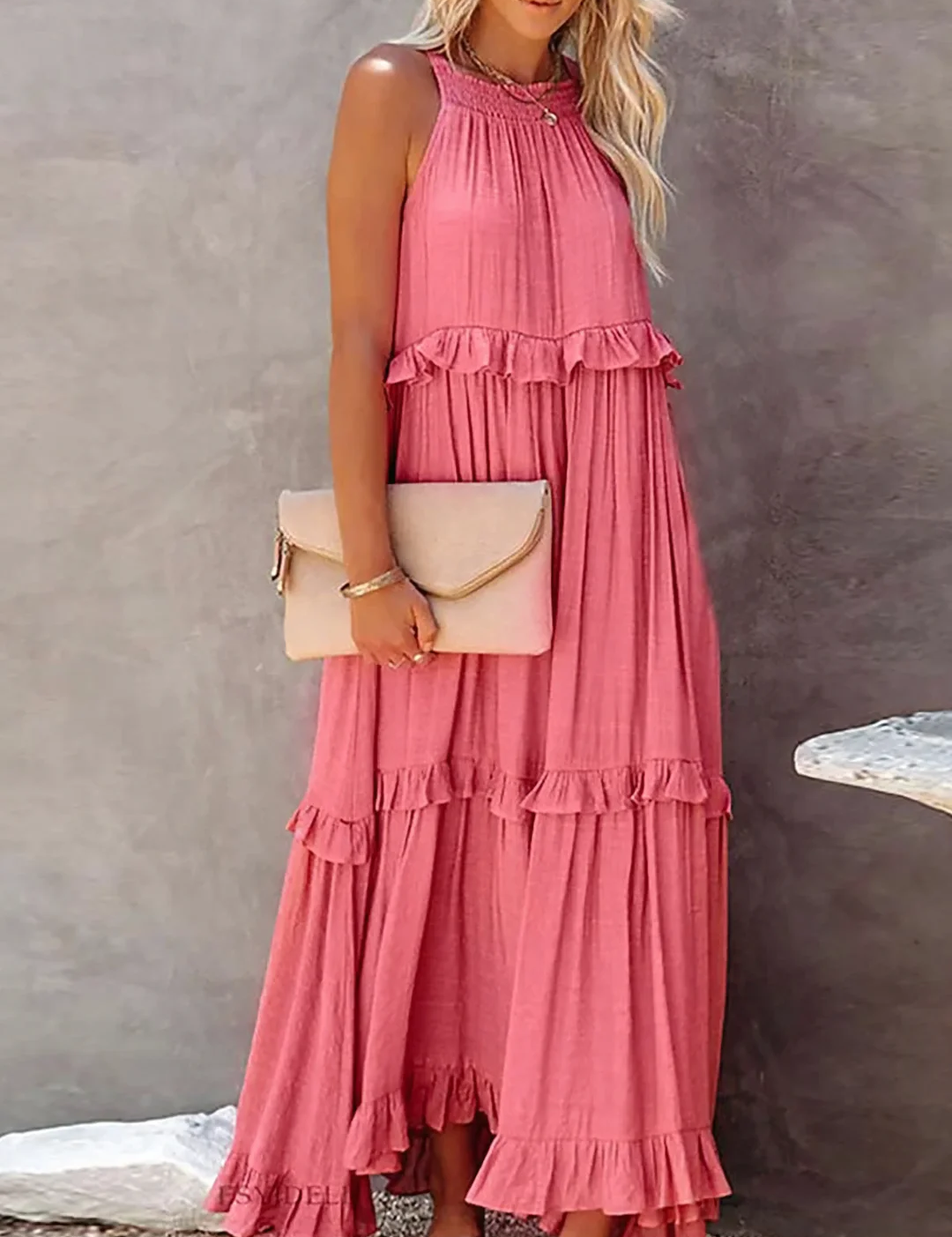 Vestido largo sin mangas para mujer con falda con volantes