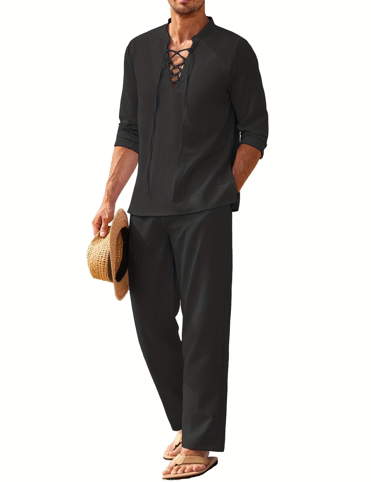 Conjunto de dos piezas de camisa de manga larga con cordones y pantalones holgados para hombre