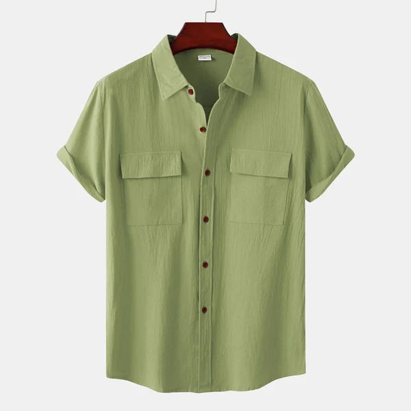 Camisa informal de manga corta para hombre con bolsillos delanteros y cierre de botones
