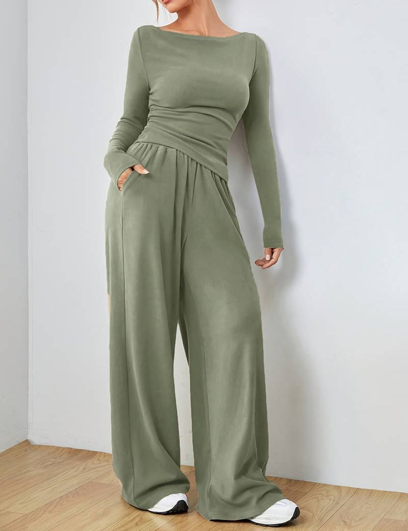Conjunto informal de camisa de manga larga y pantalón ancho para mujer