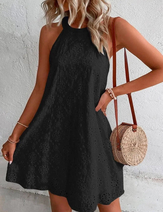 Vestido corto sin mangas de corte A para mujer con diseño floral de ojales