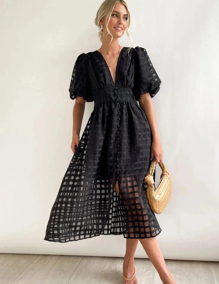 Vestido midi de mujer con mangas abullonadas y estampado de cuadrícula