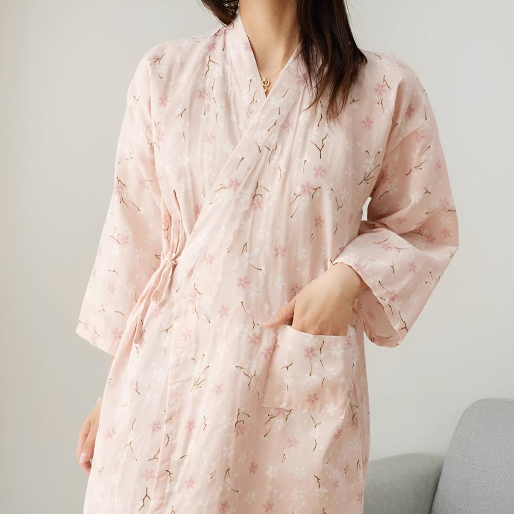 Bata tipo kimono floral para mujer con cinturón y bolsillos