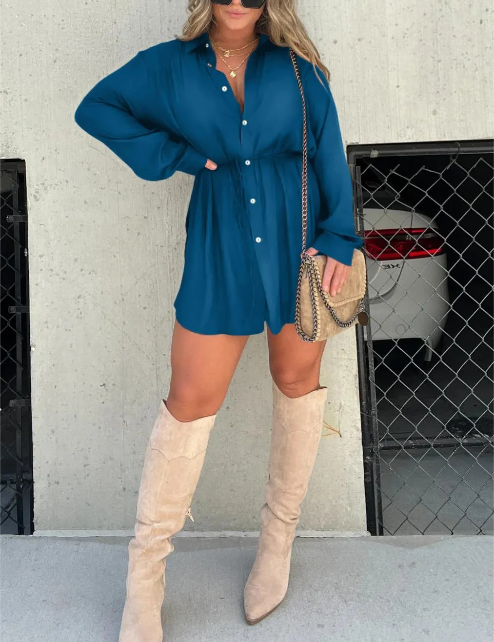 Women's Button-Down Mini Dress with Tie Waist and Long Sleeves