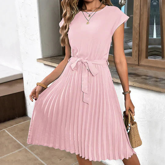 Vestido midi plisado con mangas cortas y lazo en la cintura para mujer