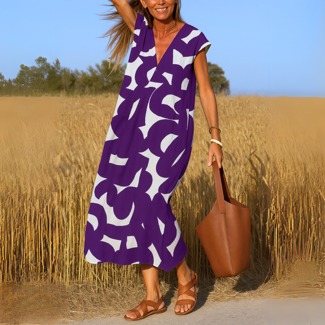 Vestido largo de mujer con escote en V, estampado abstracto y mangas cortas