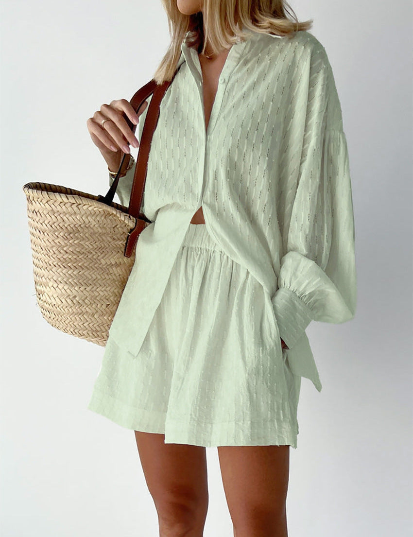 Conjunto de camisa abotonada y pantalones cortos para mujer