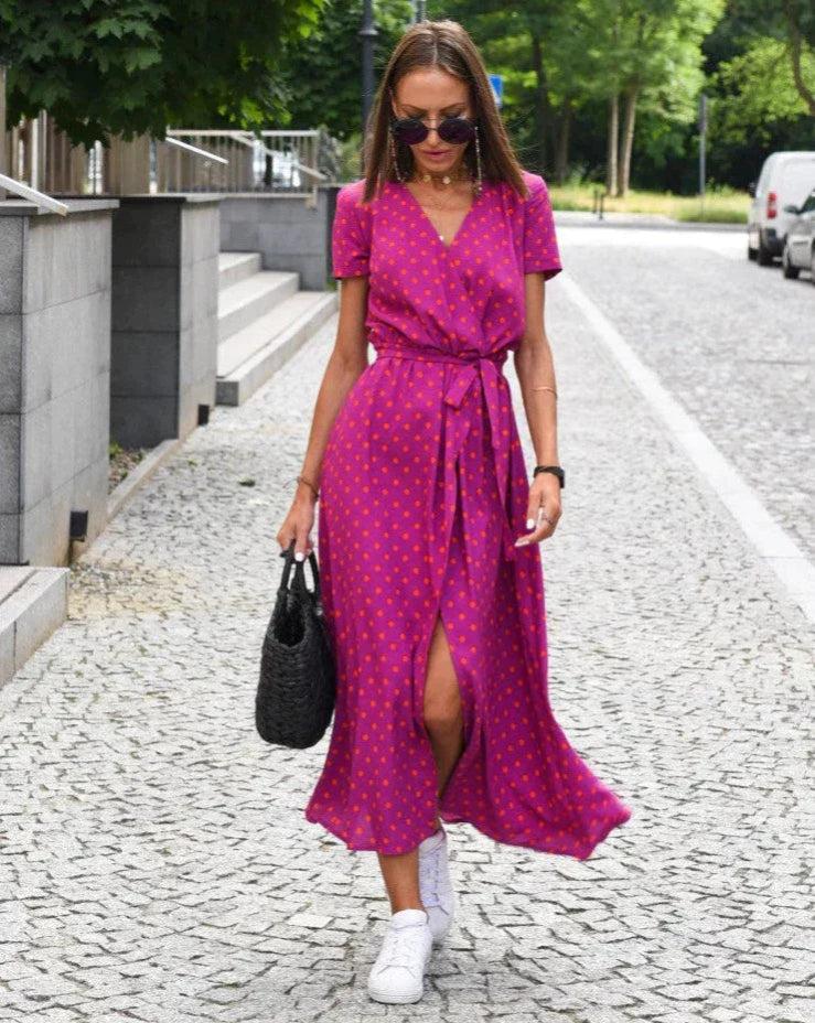 Vestido cruzado de verano para mujer – Estampado floral, escote en V, informal, midi