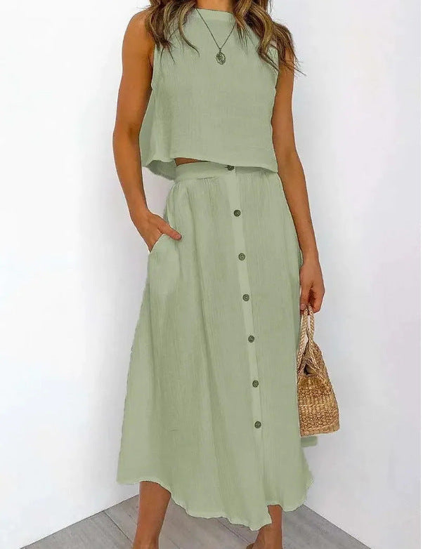 Conjunto de dos piezas de top sin mangas y falda midi con botones delanteros para mujer