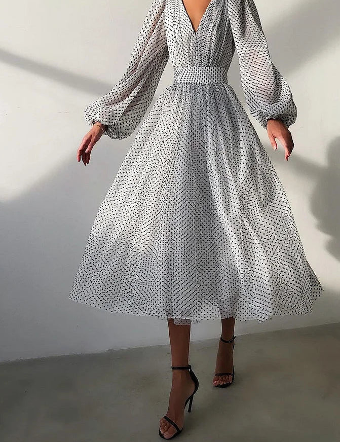 Vestido midi de lunares con cuello en V y manga larga para mujer