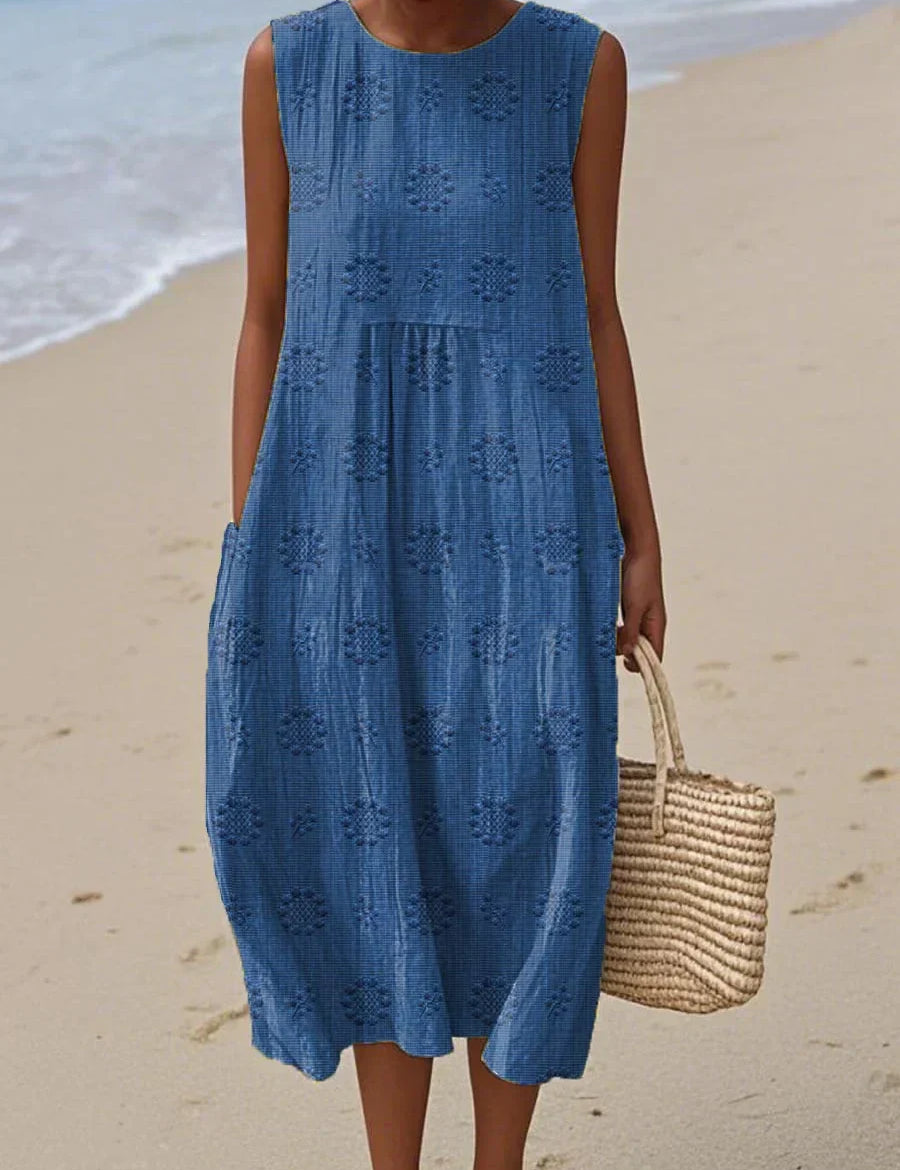 Vestido midi bordado sin mangas para mujer con corte relajado