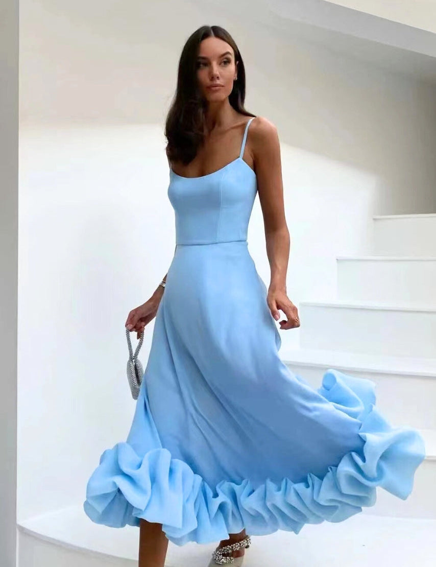 Vestido largo con tirantes finos, falda acampanada y volantes para mujer