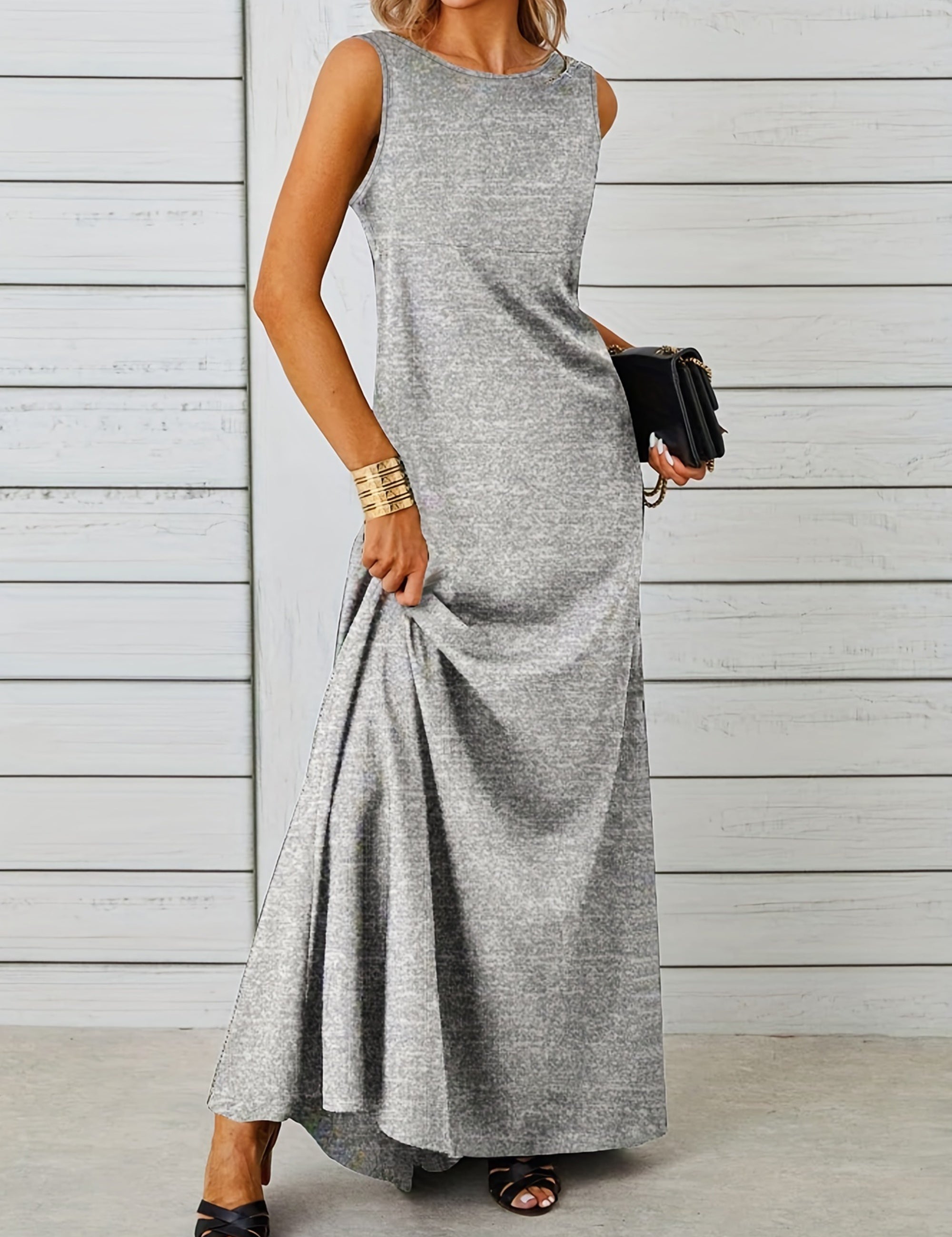 Vestido largo sin mangas para mujer con vuelo hasta el suelo y líneas limpias