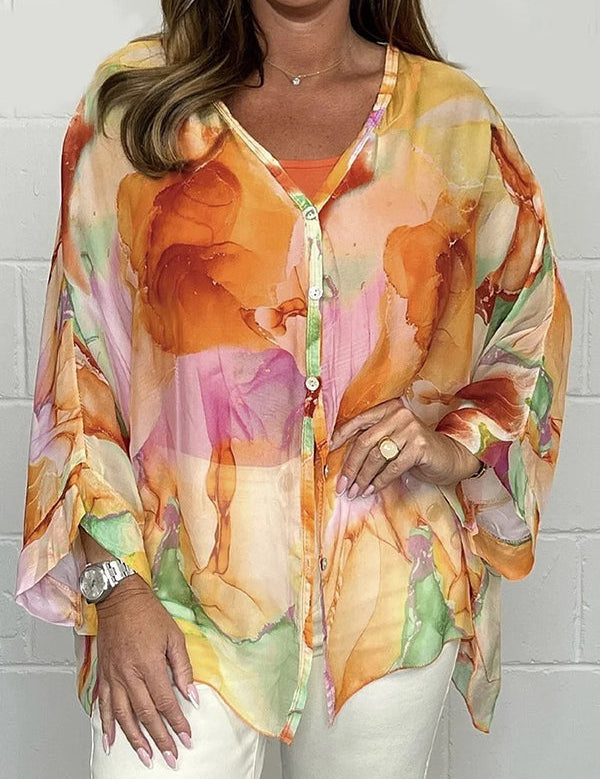 Blusa holgada con botones para mujer con estampado de acuarela