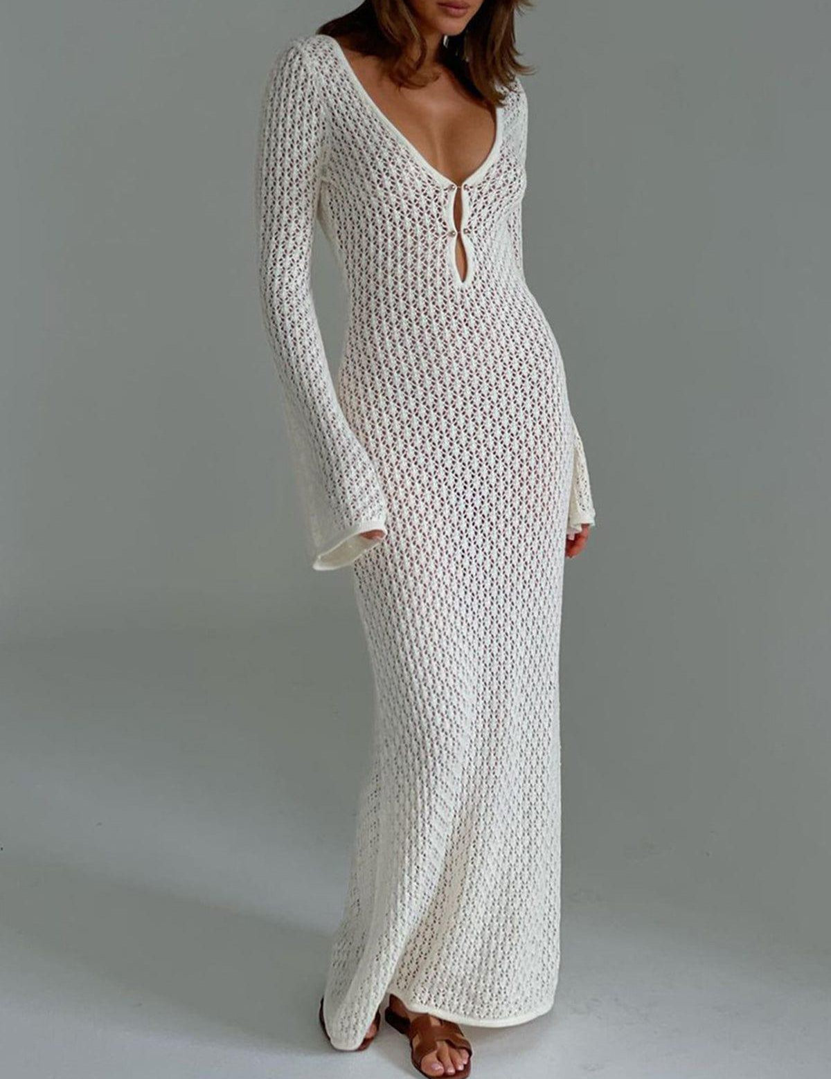 Vestido largo de punto de crochet para mujer con mangas acampanadas