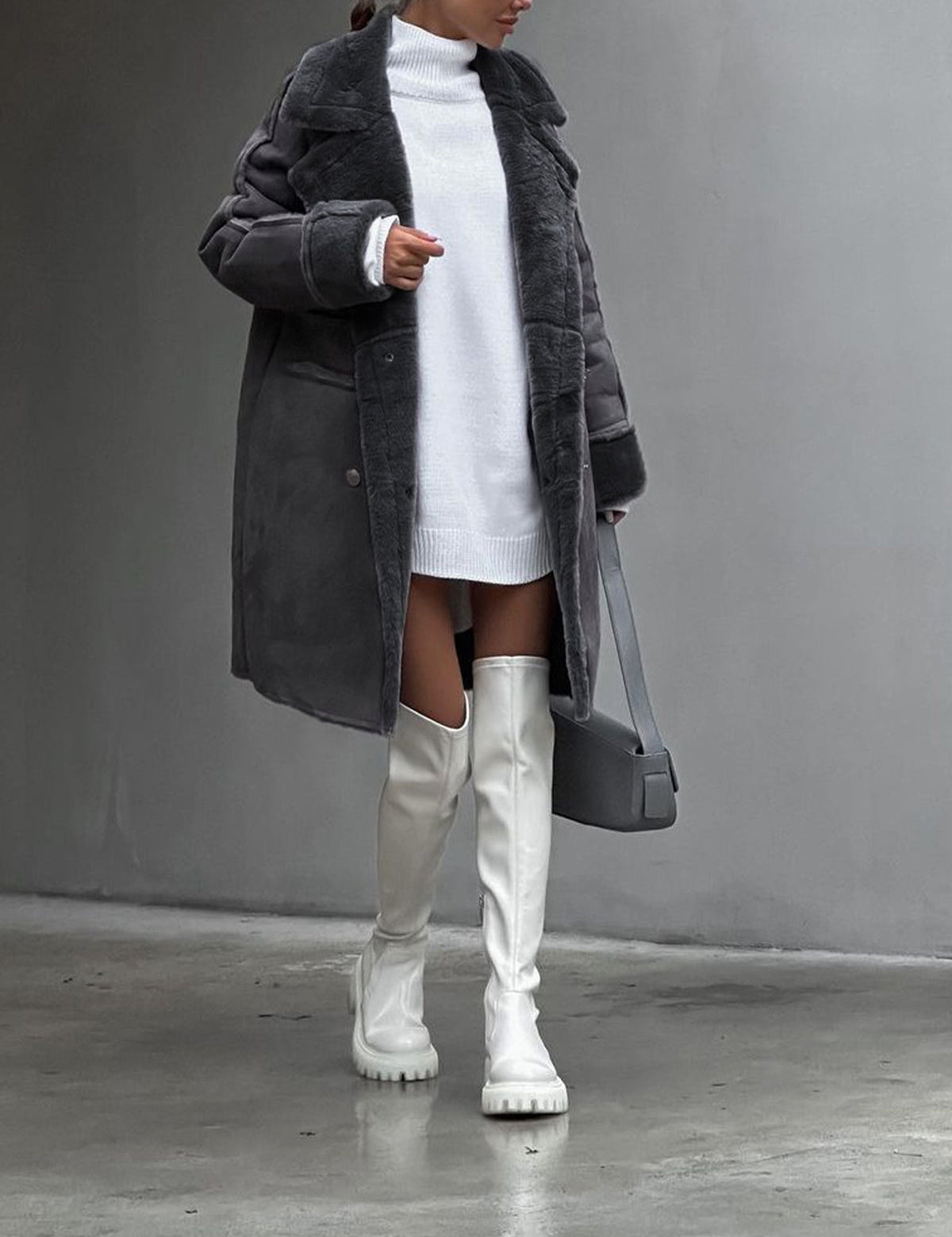 Abrigo de invierno de piel de talla grande para mujer con cuello de solapa y cierre a presión en la parte delantera