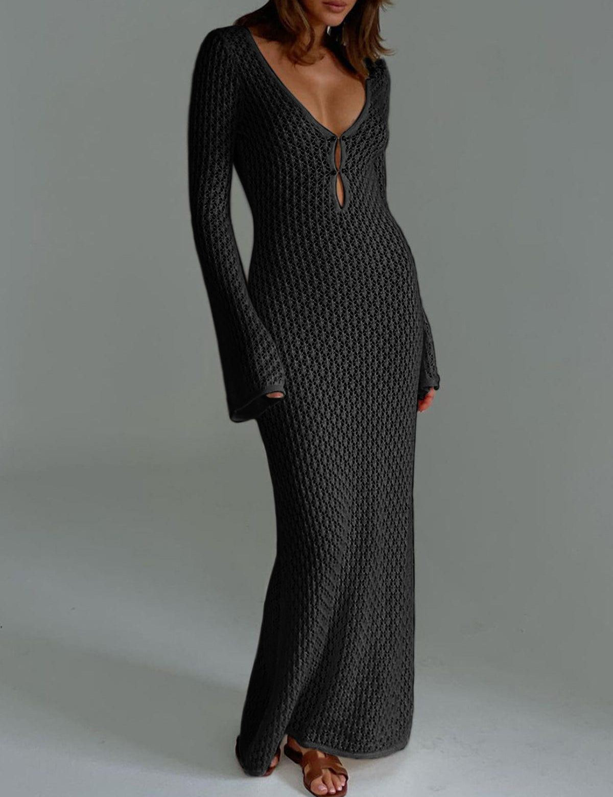 Vestido largo de punto de crochet para mujer con mangas acampanadas