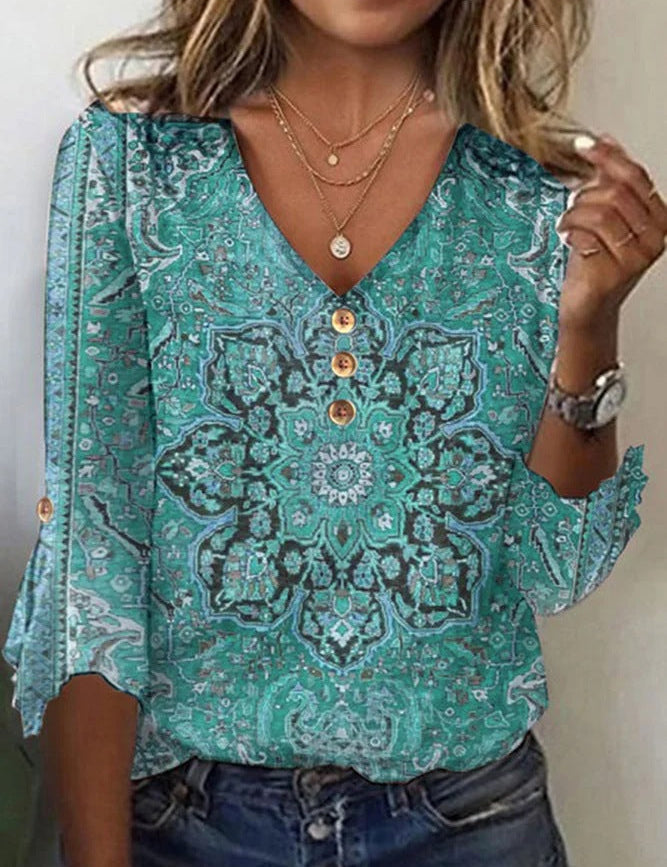 Blusa floral con cuello en V y botones para mujer con mangas sueltas