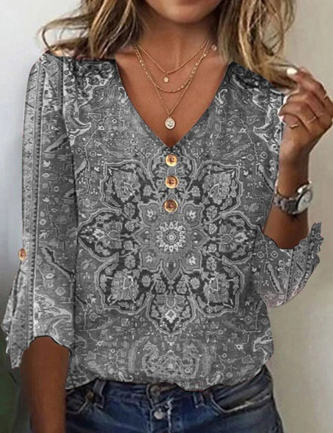 Blusa floral con cuello en V y botones para mujer con mangas sueltas