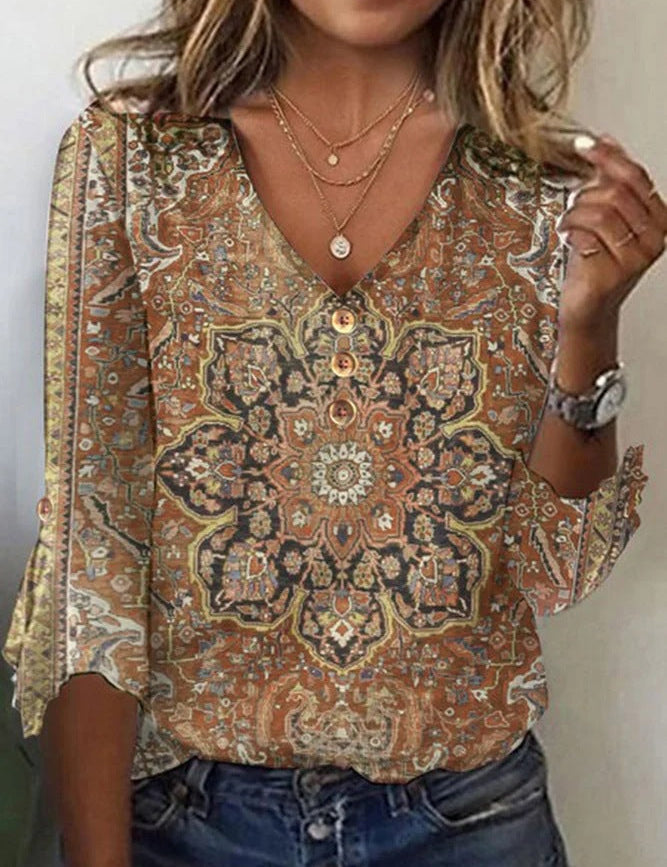 Blusa floral con cuello en V y botones para mujer con mangas sueltas