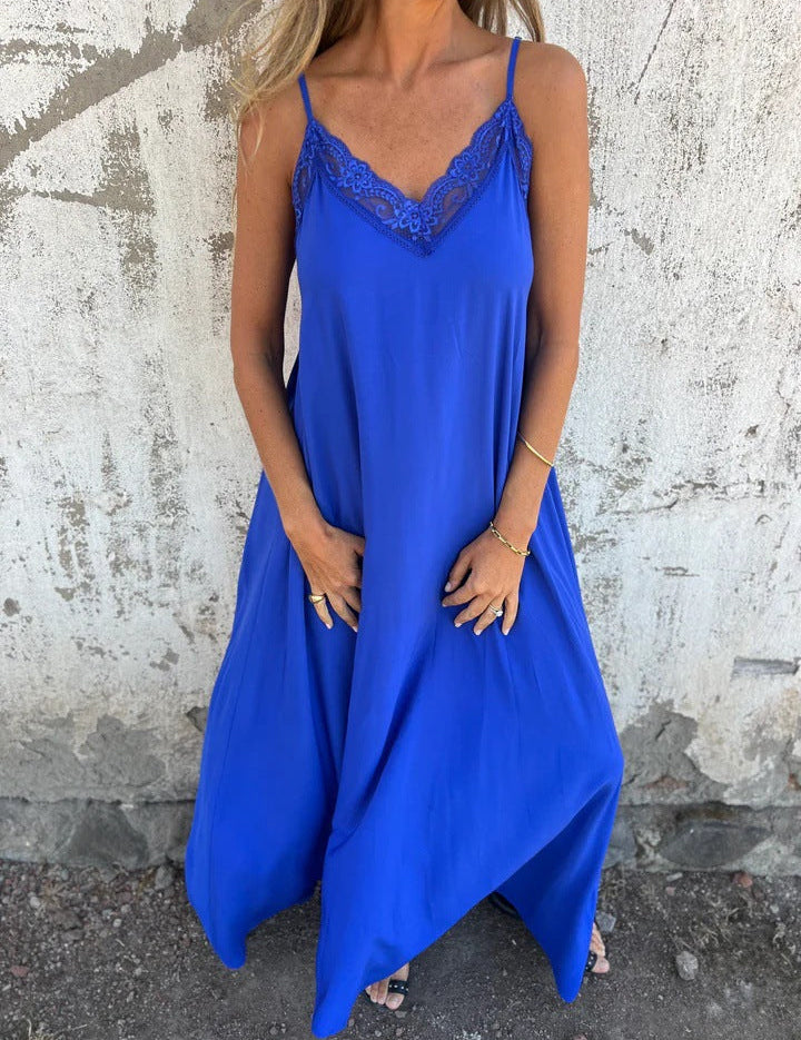 Vestido largo lencero con ribete de encaje y tirantes finos para mujer