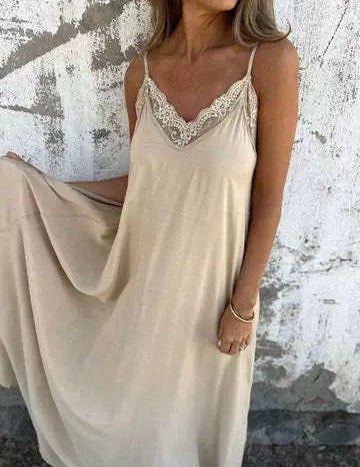 Vestido largo lencero con ribete de encaje y tirantes finos para mujer