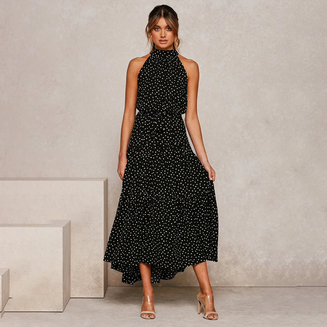 Vestido largo de lunares con cuello halter y lazo en la cintura para mujer