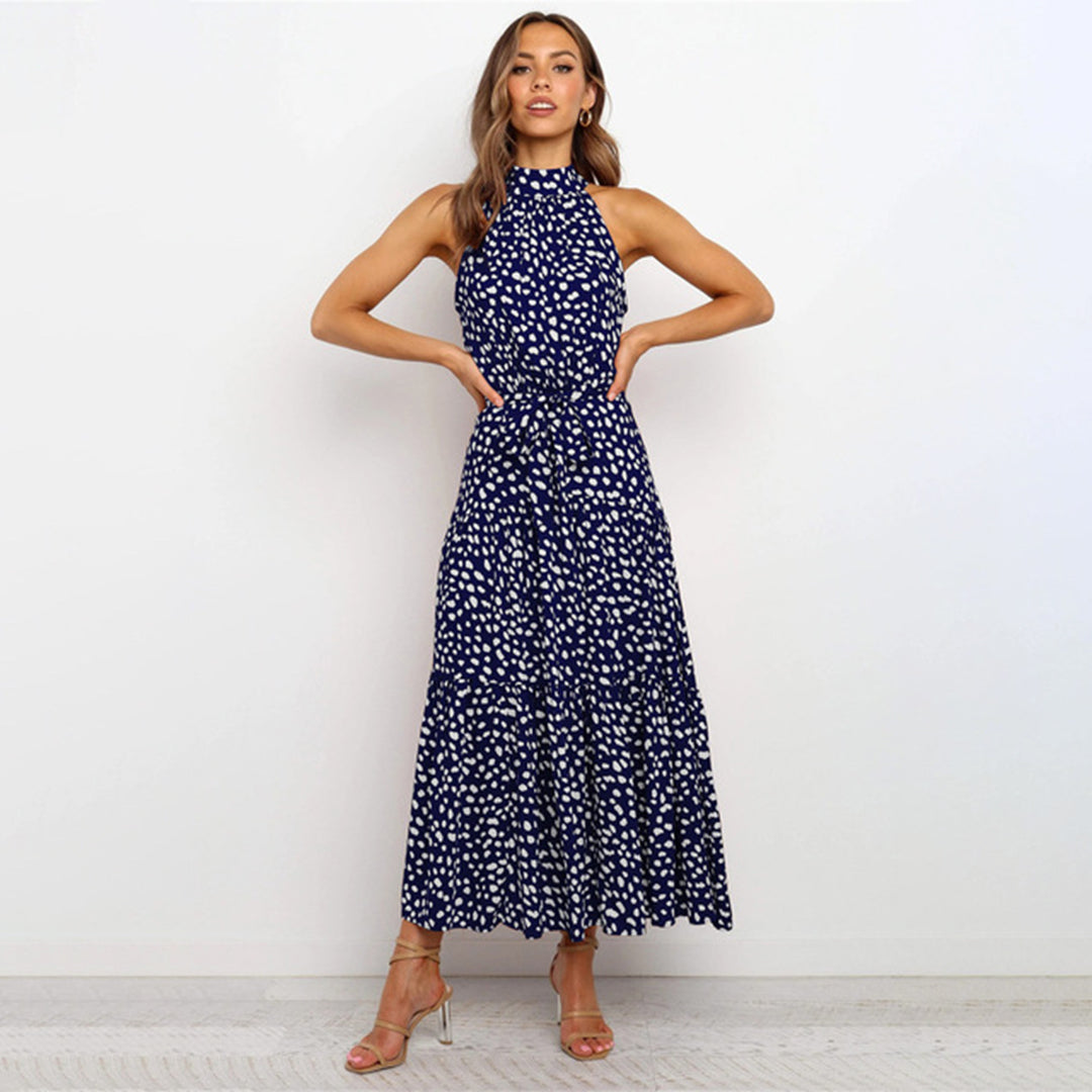 Vestido largo de lunares con cuello halter y lazo en la cintura para mujer