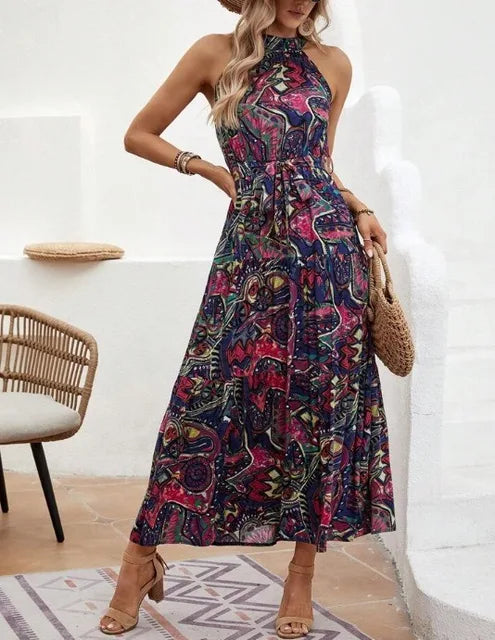 Vestido largo de mujer con cuello halter, estampado bohemio y bolsillos