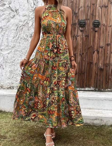 Vestido largo de mujer con cuello halter, estampado bohemio y bolsillos