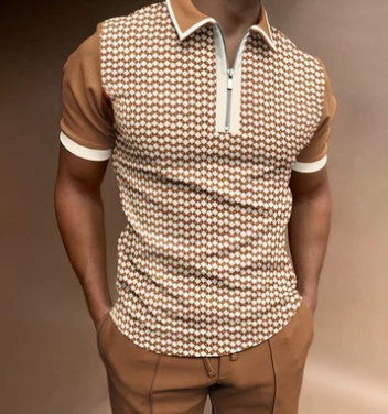 Polo de manga corta para hombre con diseño de rayas y cremallera retro