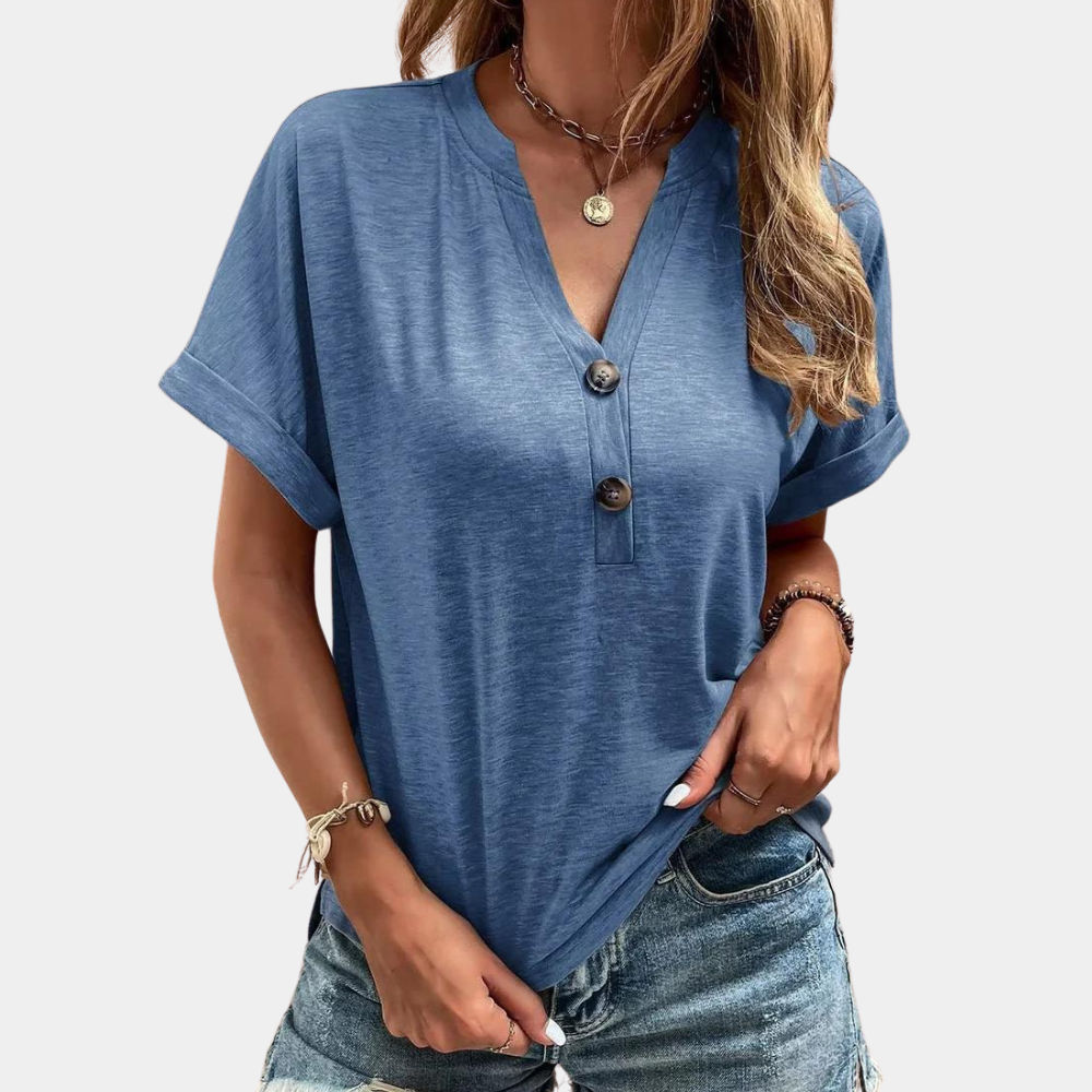 Blusa informal de manga corta para mujer con cuello en V y detalle de botones