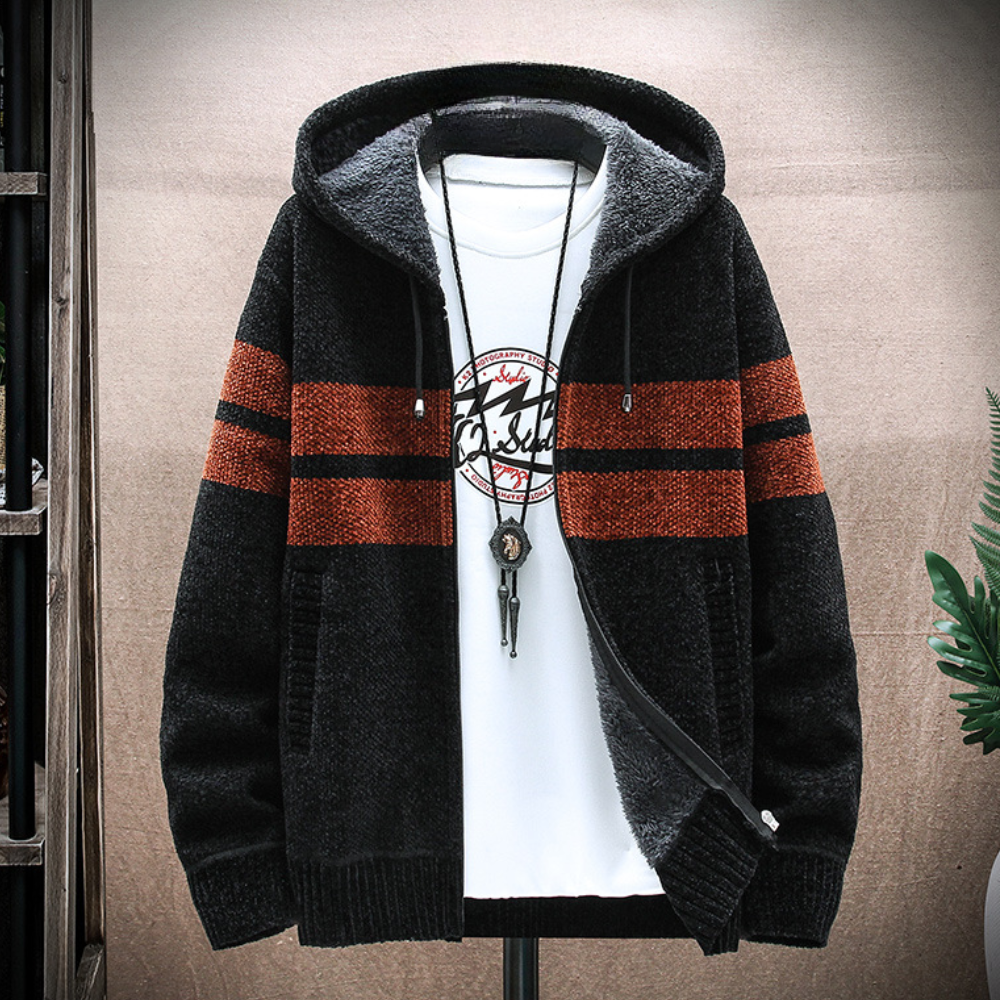 Sudadera con capucha y cremallera con forro polar para hombre, cordón ajustable y diseño a rayas