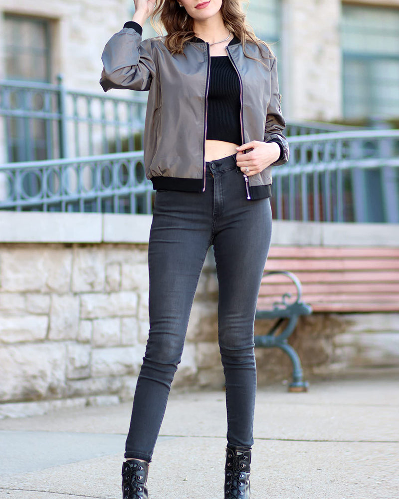 Chaqueta bomber para mujer con cremallera frontal y ribete acanalado