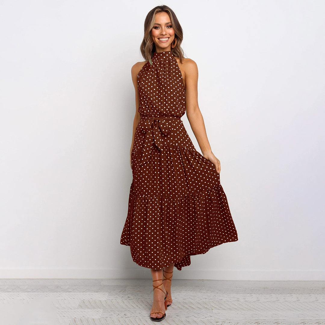 Vestido largo de lunares con cuello halter y lazo en la cintura para mujer